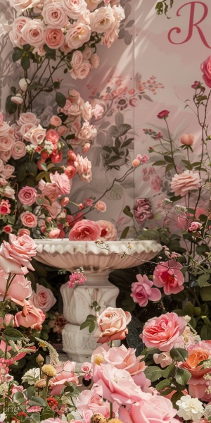 一张照片展示了一个艺术装置,前景有花卉和植物,采用柔和的粉彩色调和郁郁葱葱的绿色。前面是一个白色大理石喷泉,周围盛开着各种鲜花,如玫瑰、雏菊和野花。背景是带有文字“R & P”的壁纸,营造出梦幻般的氛围,以印象派绘画的风格捕捉自然的美丽。