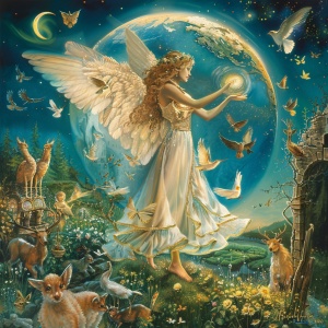 Prompt : A beautiful angel with wings , holding an orb in her hand stands on the earth surrounded by various animals and plants . She is under starry sky at night . The background features ancient ruins , magical forests , fairies , dragons , gnomes , dwarves , elves , mythological creatures such as phoenixes , unicorns , Legends style , oil painting . This scene conveys enchanting beauty , mysterious atmosphere , and surrealism . It also adds elements from fairy tales , fantasy , magic realism , dreamy col