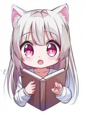 kawaii chibi catgirl with pink eyes and white hair, holding a notebook, in a cute anime style with a solid background.