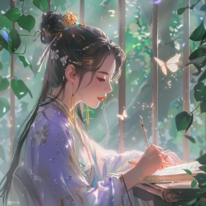 一个美丽的女孩在书桌前手握毛笔写作,周围是蝴蝶和绿色植物。她有着扎成一个优雅的髻的长发,头上戴着一些金色的装饰,穿着中国古代的传统汉服,袖子是白色和紫色的。背景是一个充满明亮的光线和多彩灯光的缥缈森林。她写下文字时,一只金笔悬浮在她的手上。这幅画是以古代中国艺术家的风格创作的中国动漫插图。