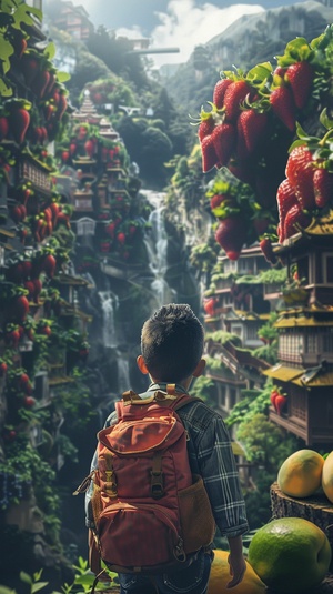 1 Chinese boy, travel backpack, facing screen, front view, fantasy Fresh Strawberry Kingdom, curiosity and exploration desire, beautiful color palette, fresh strawberries as huge buildings and landscapes, mangoes and blueberries in background, natural and realistic surroundings, clear details, high-quality photography, wide-angle lens, Canon EOS, photographer Dan Winters, detailed textures, real photo.