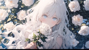 A beautiful girl with long white hair holding a white rose, standing in a sea of white roses 16: 9, ultra-high resolution