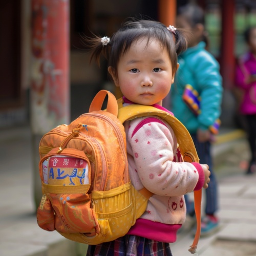 一个幼儿园小朋友背着书包，正面照