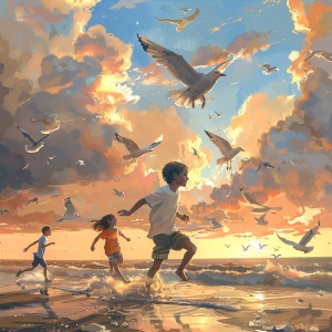 在日出的海边，男生拉着女生在奔跑，天空有云朵，有海鸥