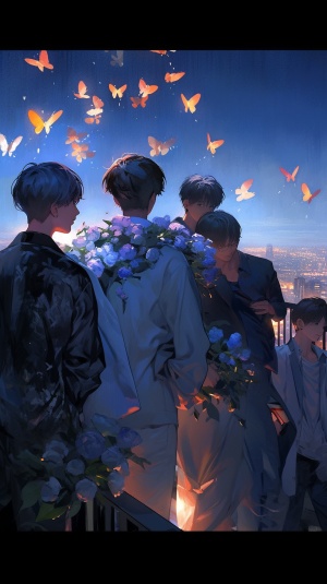 八个男生在天台上望着黑夜城市的风景，墙上爬满蔷薇，蔷薇花周围有蓝色蝴蝶，旁边的有Sheng字样的橙色光牌
