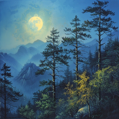 在晚上的秋天天气中，松树投下的影子在明亮的月光下显得更加独特而神秘。月光洒在松树上，照亮了整个山林，给人一种宁静而温暖的感觉。