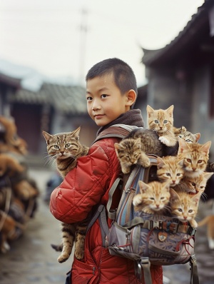 一个中国男孩，十岁，背着旅行背包，和一群猫合影，哈利波特魔法世界，写实，细节精细，专业摄影师的镜头，柯达(Kodak)，Portra 800胶片，广角镜头，摄影师丹·温特斯，摄影技艺的巅峰，电影摄影风格，大师级摄影，