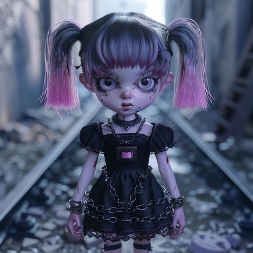 可爱的哥特风格猫耳女孩,全身，扎着粉色和紫色挑染的黑色双马尾,大眼睛,穿着一件带有链条的深色连衣裙,全身照以超现实主义风格使用虚幻引擎5渲染。盲盒手办，4K