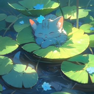 一个蓝色的小猫，躺在水中的荷叶上，看着水里游来游去的鱼