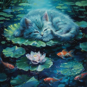蓝猫躺荷叶，目送水中游鱼
