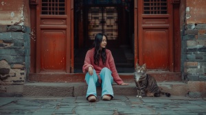 坐一个穿蓝裤子和粉红色毛衣的中国女人,37岁菱形脸蛋,长长的黑发,背景是古代建筑的入口,有深红色的墙壁和灰瓷砖地面。这张照片是用Canon EOS R5相机、广角镜头和自然光拍摄的。它以中国画风格捕捉了猫的表情以及它们互动的每一个细节。