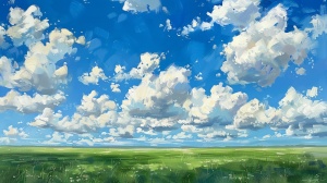 盛夏田园，蓝天白云，草木青绿