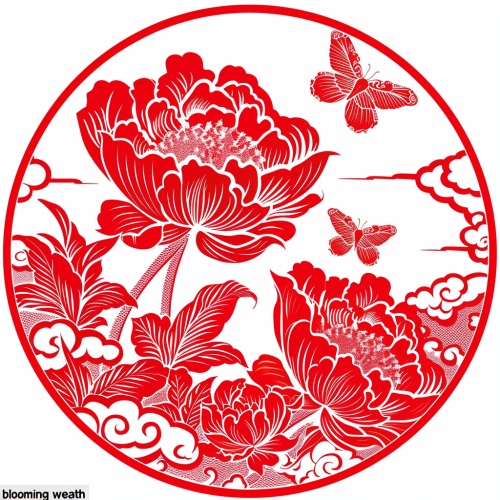 极简的 中国剪纸 圆形剪纸作品 红色剪纸主题为“花开富贵”。一朵精美的花朵绽放在中央，红色花瓣，花朵的周围环绕着各种装饰图案，如蝴蝶、祥云等，吉祥和美好。线条流畅，工艺精湛，极简的，中国剪纸 平面，花瓣单层，矢量剪影，镂空，红色剪纸，无阴影，白色背景 白色背影