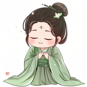 Little girl, green Hanfu, classical and exquisite, full body picture, cute, 12 postures and expressions, Emoticons [dizziness, joy, anger, crying, sadness, cuteness, anticipation, laughter, disappointment and shyness, drowsiness, eating, dizziness, expressing love, etc.], line art, sticker art, white background,8k s 250 ar 3:4 niji 5
