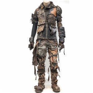 Design an industrial wasteland style costume with a full-length model on a pure white background. The clothing should have a shabby texture, metal decoration, and old leather elements, and the color is mainly dark gray and brown, with heavy boots and unique protective gear, showing the unique charm of decadence and toughness