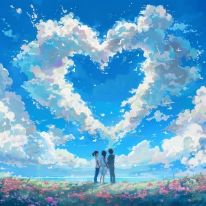 蓝蓝的天空 站在心型的云朵上面的情侣 ，手里捧着鲜花