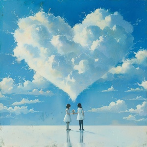 蓝蓝的天空 站在心型的云朵上面的情侣 ，手里捧着鲜花