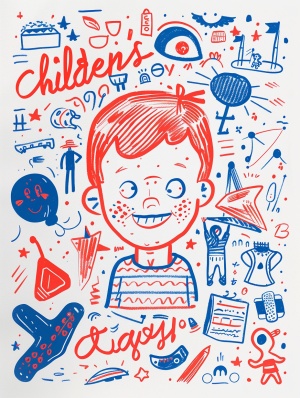 A white page with red and blue drawings of text and illustrations, including the words "Children's Day" written in different styles and various symbols around it such as A little boy's face,A teacher, Father and mother with a small child,amusement park, elements related to children’s toys on all sides. Simple cartoon art style. Flat comic color illustration. ar 3:4