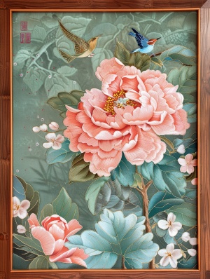 粉牡丹与金蜂：中国传统风格紫檀刺绣画