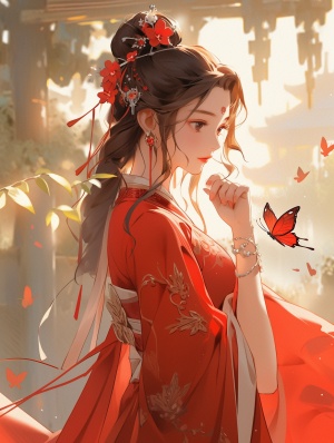 中国古风美人，身着红衣古装的女子，款款而来，如诗如画。轻盈的裙摆随风飘动，犹如丛林中的彩蝶。阳光洒下，照在她那精致的脸庞上，犹如一位画中仙子