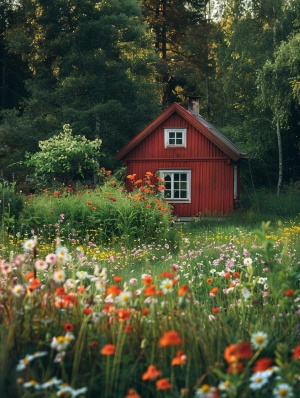 在这个宁静的乡村，一座红色的房子矗立在一块 green 的场地上。这是一个有着独特治愈氛围的地方，房子前面有一个小小的花园，里面种满了各种颜色的鲜花。房间内部温馨舒适，有着暖色调的灯光，让人感到放松和安心。这是一种充满爱和关怀的氛围，就像一个 safe haven 一样，能够让人从繁忙和压力的生活中解脱出来。这个空间充满了和谐和宁静，让人感到心情愉悦，远离繁华喧嚣的世界。高清，摄影。