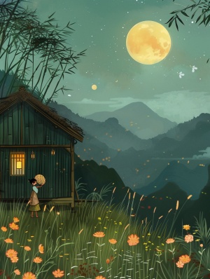 夏夜，山上竹林中有一座小木屋，天空有月亮，一中国古代诗人，站在木屋门前，手拿蒲扇在纳凉。周围环境幽静，地上有小花小草和小虫。