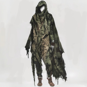 Full body model drawing, mainly from the front. The whole shape is wasteland. Black with military green skirt, knit hood, model, overall tone is darker, dark brown and dark yellow mixed, clothes look like dead wood shape, there are signs of wear and tear. The use of old fabrics, coupled with some incomplete fabric decoration, will give people a decadent and tenacious feeling, create a fragmented decadent feeling.