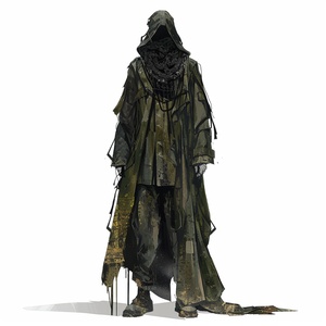 Full body model drawing, mainly from the front. The whole shape is wasteland. Black with military green skirt, knit hood, model, overall tone is darker, dark brown and dark yellow mixed, clothes look like dead wood shape, there are signs of wear and tear. The use of old fabrics, coupled with some incomplete fabric decoration, will give people a decadent and tenacious feeling, create a fragmented decadent feeling.