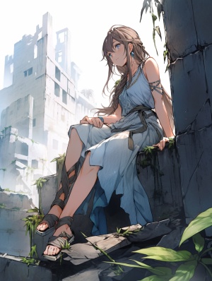 在城市里，背景建筑破损，一位美少女战士，美女，坐在废墟上翘二郎腿，美丽的脚，展示脚底，光脚