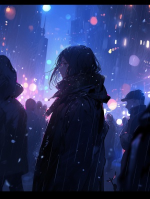 夜晚的城市，霓虹灯下，飘落着雪花，男女主背着光只能看到他们黑色的背影，氛围感拉满，