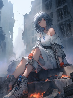 在城市里，背景建筑破损，一位美少女战士，美女，坐在废墟上翘二郎腿，美丽的光脚，展示脚底，光腿，光脚