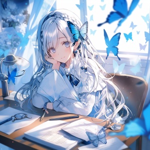 蓝色的蝴蝶是主体，飘窗，蓝色窗纱，白色书桌上放着笔，明信片，和一本开着的书只有一本，唯美，主次分明，颜色明确，氛围感强，背景不要太复杂，突出主体