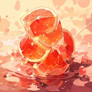 红色蜜柚主体，背景暖橙色，汽泡水，角落里有冰块，白色桌子，主体突出，层次分明，颜色搭配，清新，有夏天的感觉