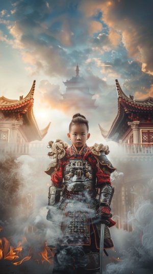 1 boy, Chinese, 10yo, warrior armor, traditional Chinese dragon, auspicious clouds, mythical world, ancient architecture, beacon fires, photorealistic, highly detailed, professional photographer's lens, Kodak, wide-angle lens, 70mm focal length, Photographer Dan Winters, pinnacle of photography, cinematic photography style, best quality, masterpiece
