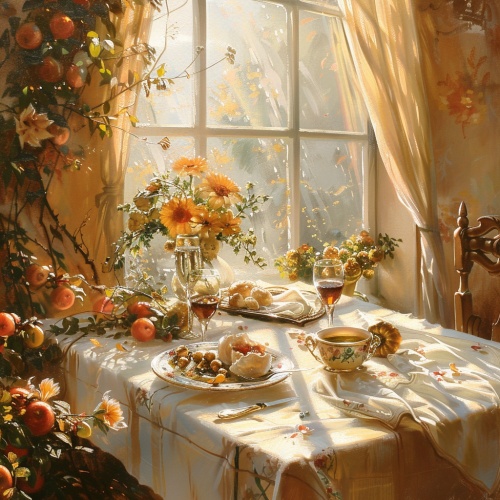 阳光洒在房间里桌子上放着可口的美食和鲜花