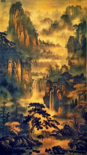 这是一副古画，工笔画，画中是中国古典风格画风的高山，苍松，清泉，瀑布，飞鸟，诗文，印章，中国古代名画，名人真迹，超高清画质，32K