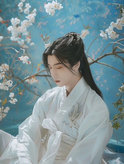 A Chinese boy with black hair sits in front of flowers and trees. He wears a white Hanfu with long sleeves and collar. A phoenix is embroidered on the chest of his against a blue background. His style is ethereal, in the style of Tang Dynasty art. His elegant has a Chinese punk and oshare kei influence.