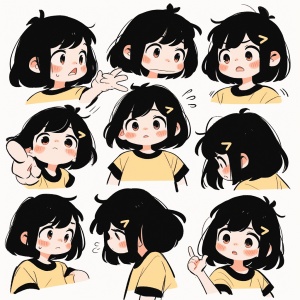 a cute little girl with black hair , wearing a blank t - sh irt , looking at the viewer ,4 emoticons , an expression Symbol table , a variety of poses and expressions , anthropomorphic style , different emotions , close up , upper body of the character , abstract , hand - drawn illustration , minimalist graphic , line art , monochrome , bold outline , bold strokes , line drawing , minimalism , in the style of wnwnmemo , white background ,8k