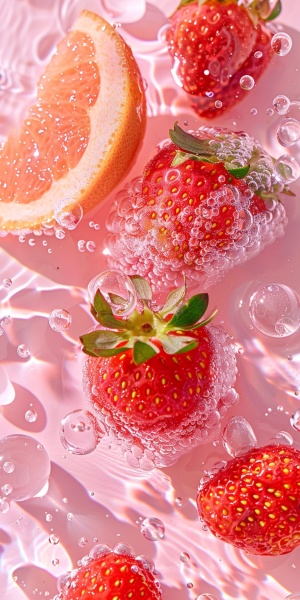A few photos of strawberries and grapefruits,sparkling water, light pink and transparent texture style, anime aesthetics, interesting complexity, berry punk, gorgeous colors