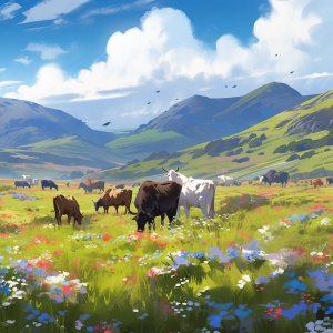grasslands, herdsman, Cattle, snow-capped mountains, wildflowers blooming all over the grassland, a vibrant scene， blue Sky, fine brushwork