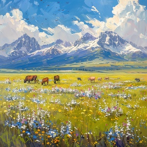 grasslands, herdsman, Cattle, snow-capped mountains, wildflowers blooming all over the grassland, a vibrant scene， blue Sky, fine brushwork