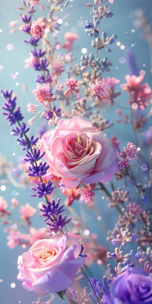 3D花朵,粉色和紫色的玫瑰以及薰衣草,柔和的蓝色背景,白色闪光,可爱的美学,花卉艺术风格,细节丰富,高分辨率。