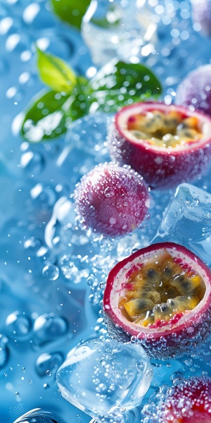 Several photos of passion fruit and water, ice cubes, light transparent texture style, interesting complexity, berry punk, gorgeous colors, 32k,original style, stylized 250 -ar 3:4