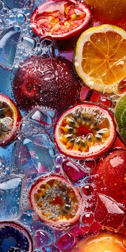 Several photos of passion fruit and water, ice cubes, light transparent texture style, interesting complexity, berry punk, gorgeous colors, 32k,original style, stylized 250 -ar 3:4