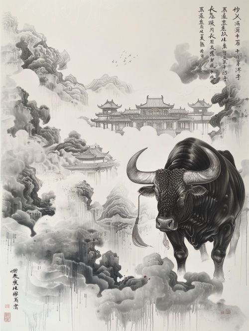 禅意绘画，祥云围绕的公牛，弯弯的犄角，背景为天宫