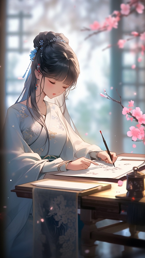 一个穿着汉服的可爱女孩正在写书法,桌上放着一张古老的桌子和卷纸。她手中握着毛笔,上面飘落着粉色的花瓣。背景以发光的蓝色丝带漂浮环绕为特色,营造出一种温暖的氛围。它具有动漫风格的中国朋克插图,浅绿色和紫色色调,柔和的光照效果以及高分辨率分辨率。