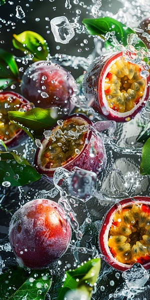 Several photos of passion fruit and water, ice cubes, light transparent texture style, interesting complexity, berry punk, gorgeous colors, 32k,original style, stylized 250 -ar 3:4