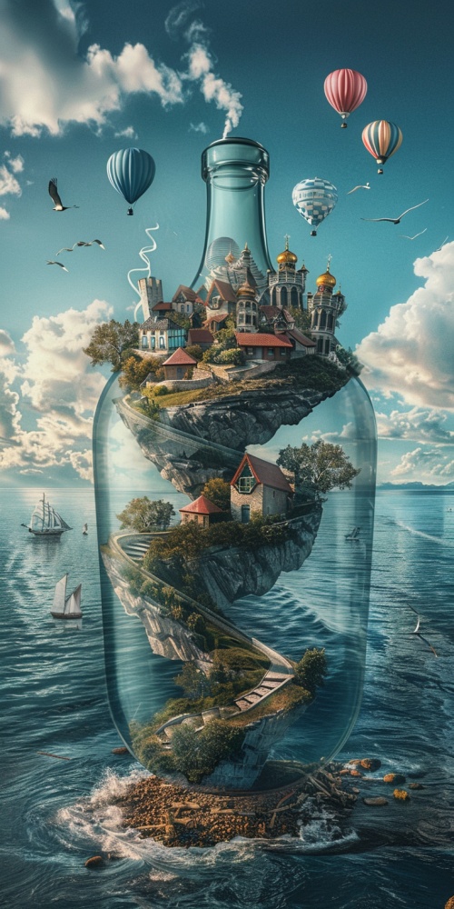 A transparent glass bottle with spiraling roads,cities, placed on an island, surrounded by sea water, hot air balloons, blue skies, real texture,commercial photography, superior sense,fantastic, epic, HD 8k