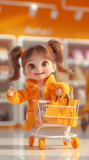 Cute Girl in Shopping Cart: Happy and Stylish 3D Rendering