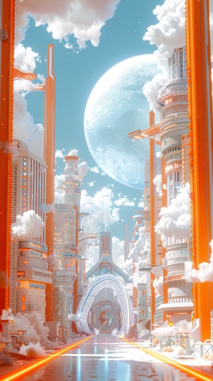3D渲染，基于参考图像，卡通Q版，城市的舞台设置在橙色和白色的背景上，上面的天空中漂浮着祥云。下方的建筑物在阳光照射下闪闪发光，反射出的光线增强了它们的金属质感，广角镜头，在通往主体的道路两侧耸立着一座充满各种未来科技元素的多层建筑。在它的中心矗立着一个巨大的门，装饰着霓虹灯，Orange and White，现代风格，时尚简约，C4D，超高清，8K，高品质
